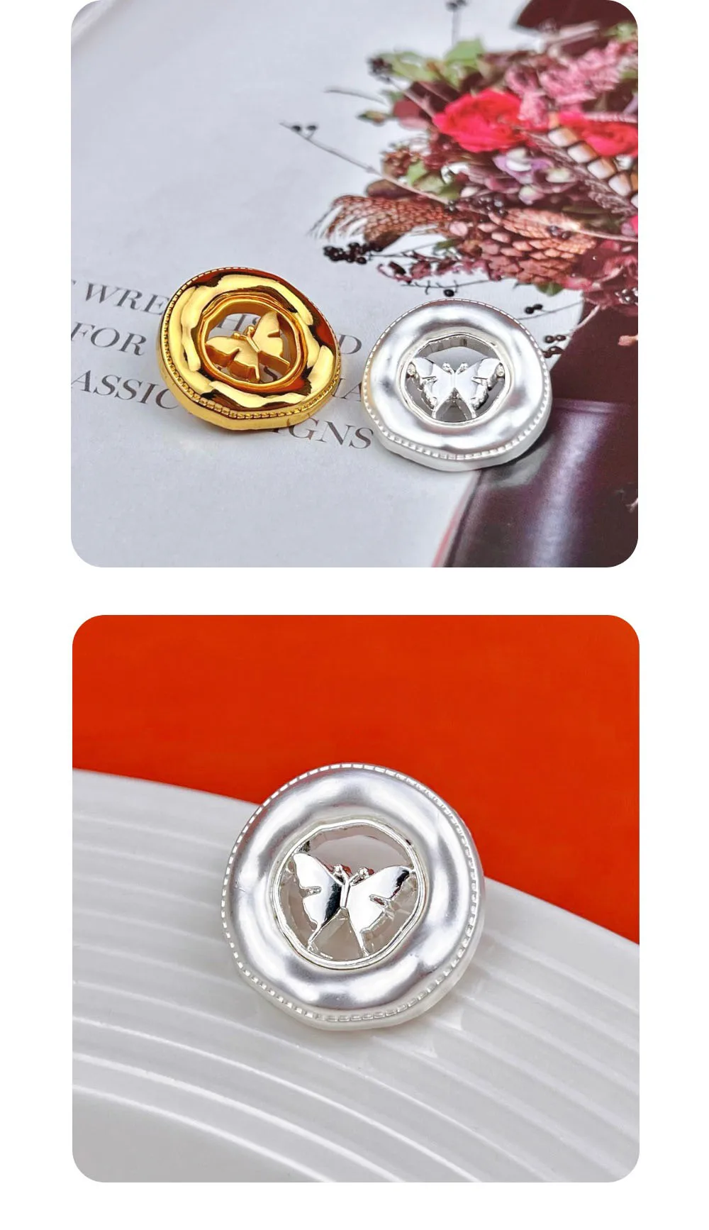 10 Stück Metallknöpfe zum Nähen, Manteldekoration, Ausgehöhlte Schmetterlingsknöpfe, DIY-Handwerk, Kleidungszubehör, Runde Beflockte Knöpfe – Detail 3