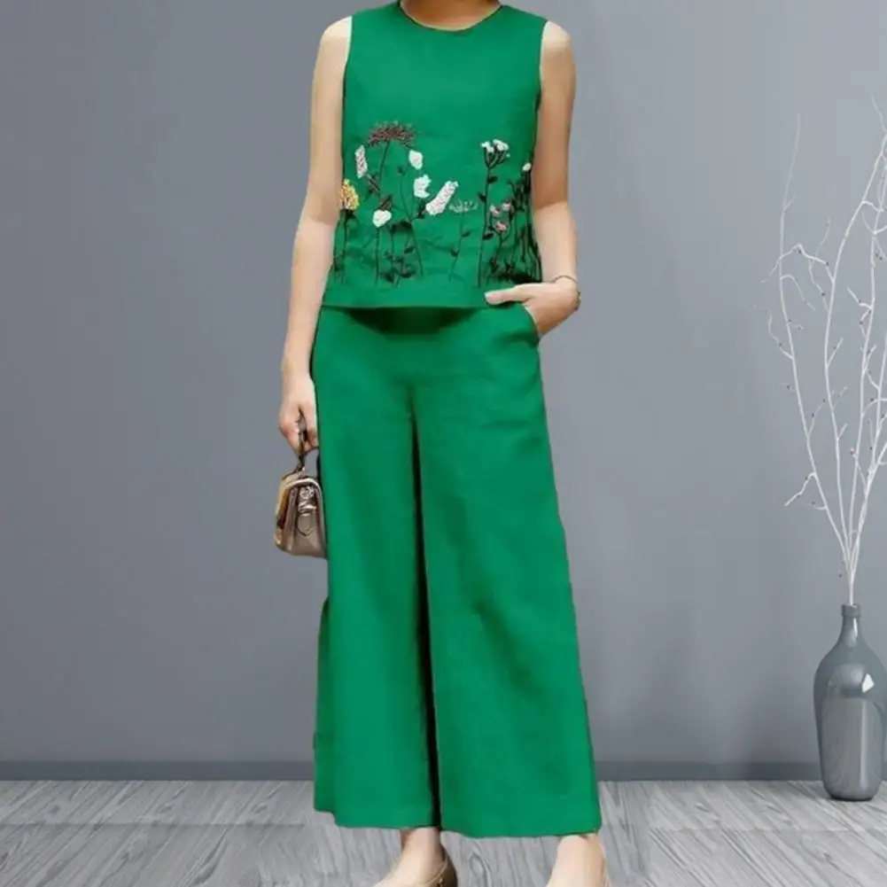بدلة نسائية مطرزة بالزهور ، طقم بنطال صدرية واسعة الساق ، بلوزة صيفية أنيقة ، جيوب خصر مرنة ، تطريز بالزهور