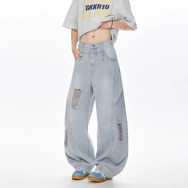 

American Hip Hop Fashion Ripped Jeans For Men 2025 Summer Straight-Leg Baggy Denim Pants Splicing Washed Y2K Vintage Jean