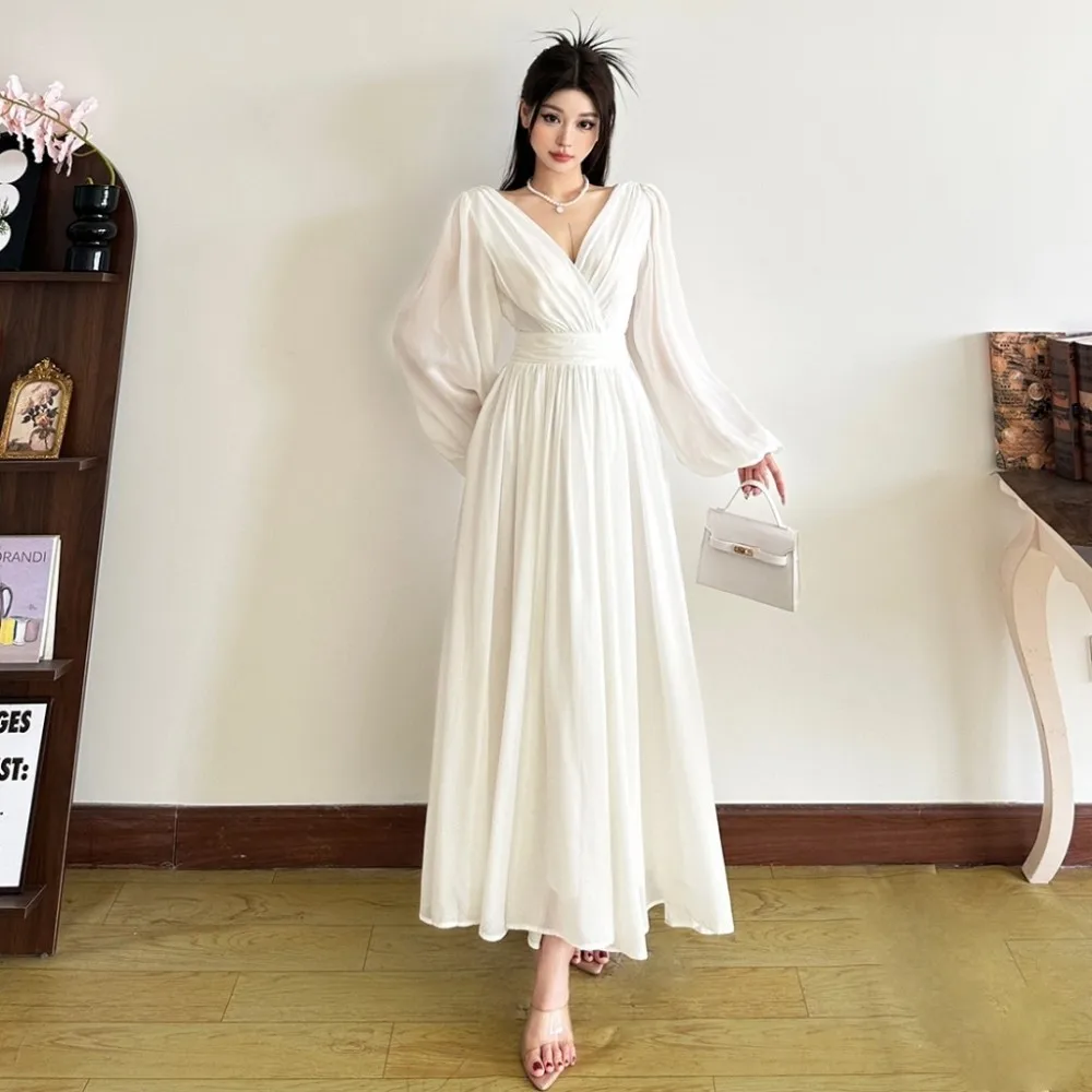 SylCue Sexy Backless Lange Kleider Frau Kreuz V-ausschnitt Durchsichtig Volle Hülse Süße Mädchen Geburtstag Party Geraffte Elegante Vestidos