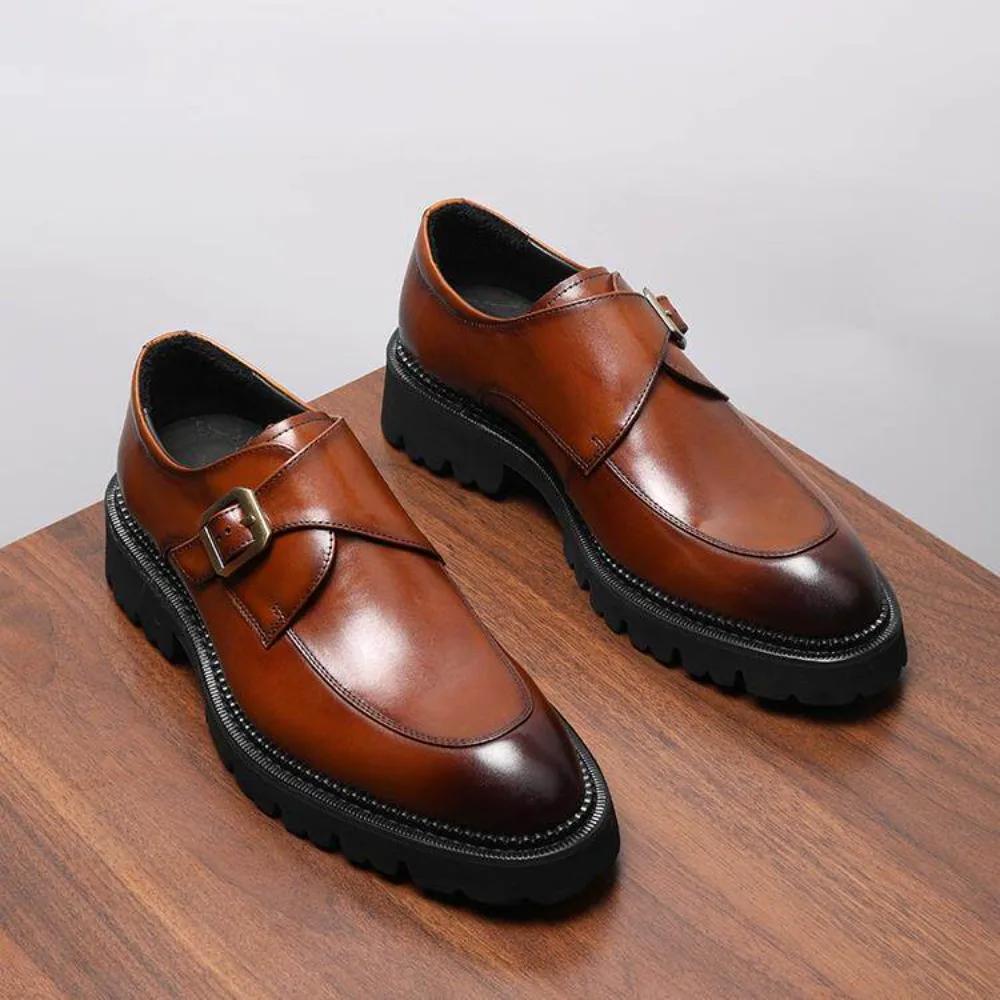 Full Cow Leather Men's Pointed Toe Monk Strap Dress Shoes British Style Thick Sole Formal Business Leather Shoes
