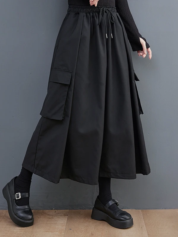 

Summer Loose plus Size Wide Leg Pants with Big Pockets Color Casual High Waist Nine Point Skirt Pants Women