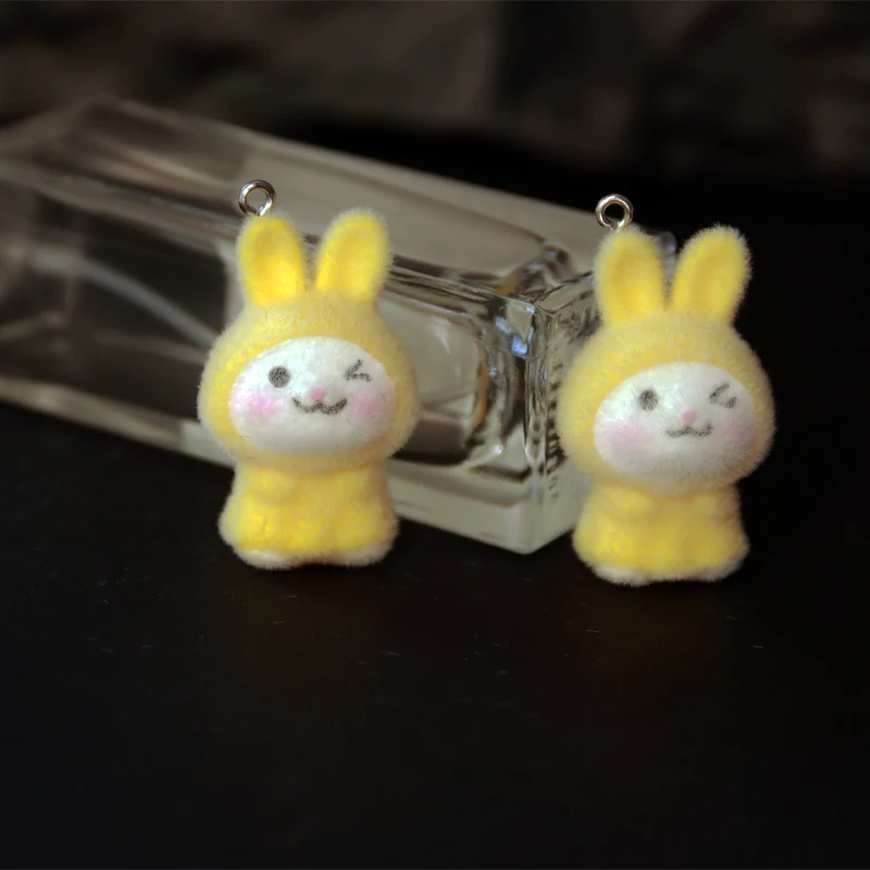 30Pcs 3D Cute Flocked Rabbit Charms Cartoon Animal Resin Pendant Earrings KeyRings Accessories for DIY Crafts Jewelry Make