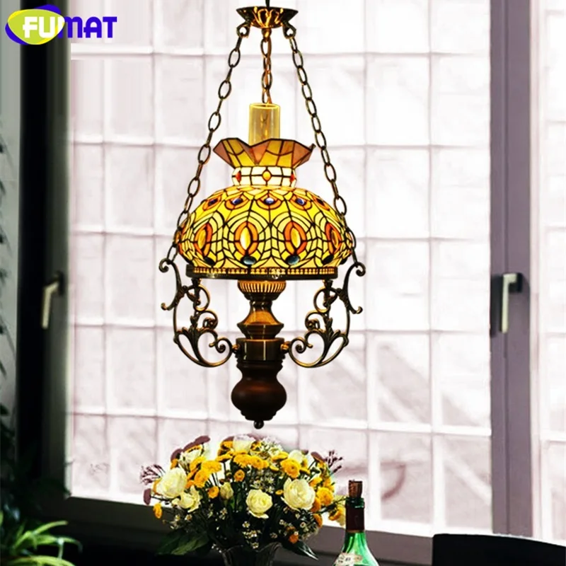 FUMAT Stained Glass Tiffany Wall Lamp Kerosene Plated Pendant Lamps Decorative European Style LED Luxury Hanging Light Fixture