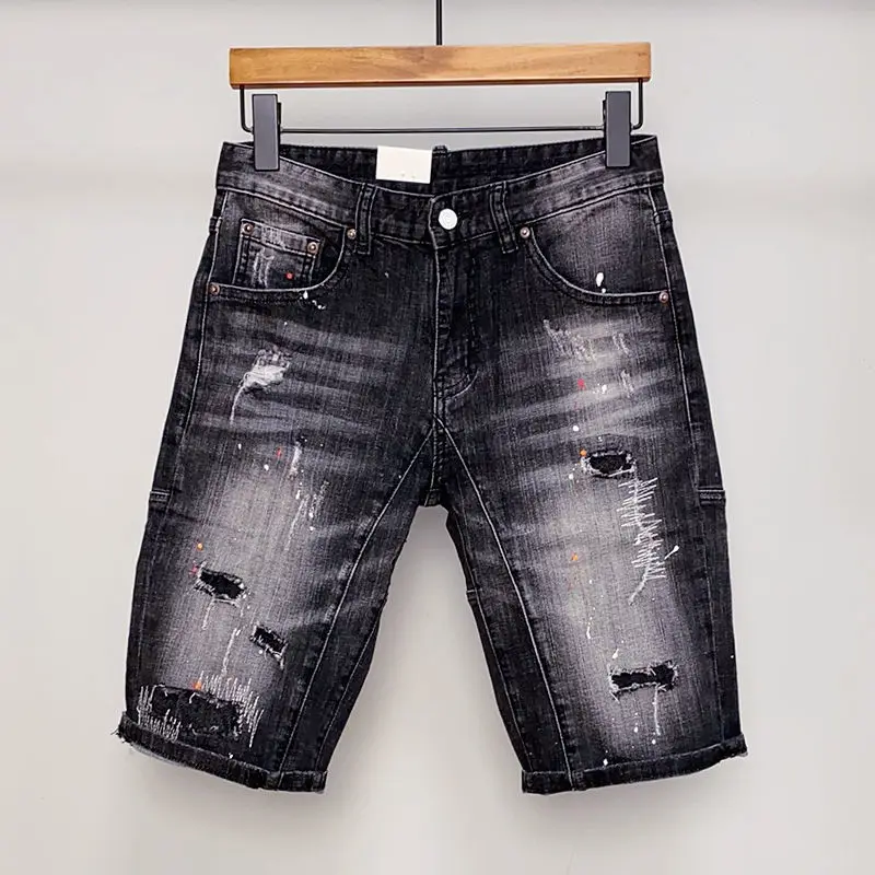 Summer hole patch embroidery motorcycle trend men's denim shorts slim stretch European and American personality five-point pants