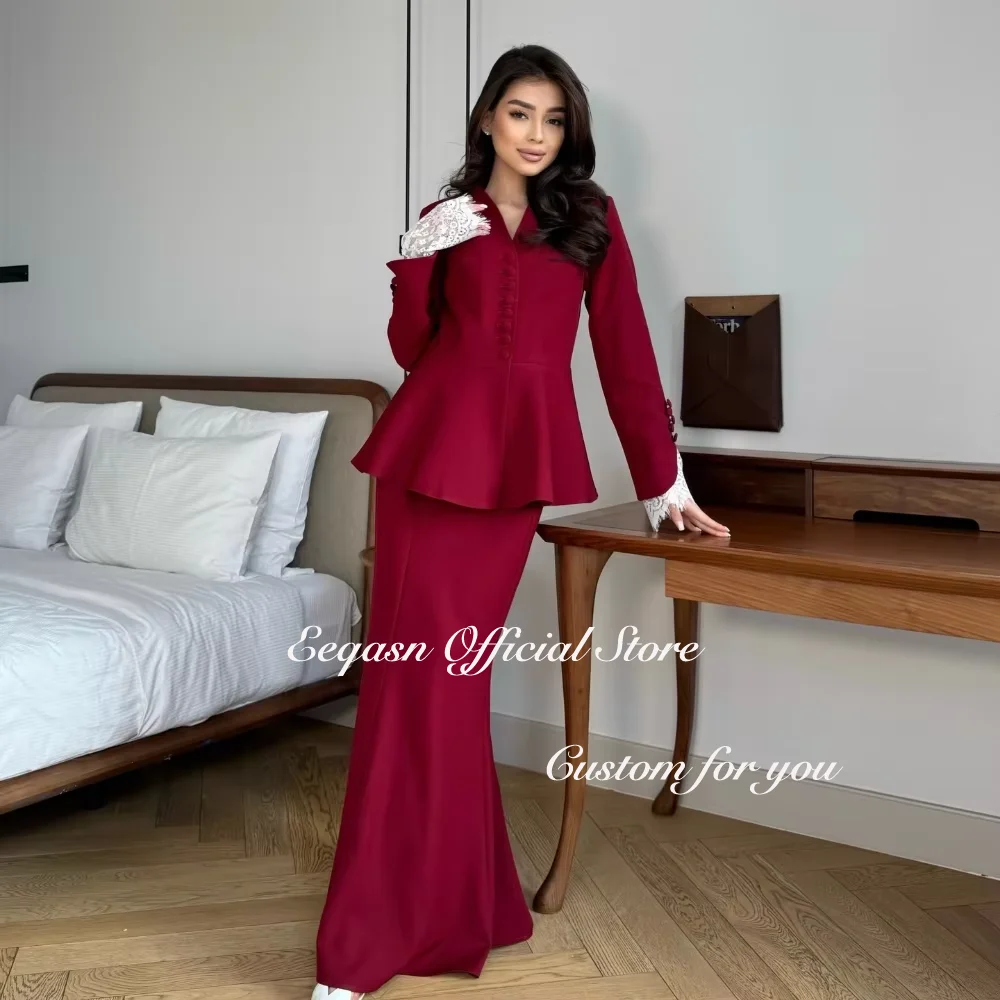 Customized Exquisite Retro Burgundy Satin Evening Dresses Long Sleeve Wedding Guest Dress Evening Sizes Available Sexy