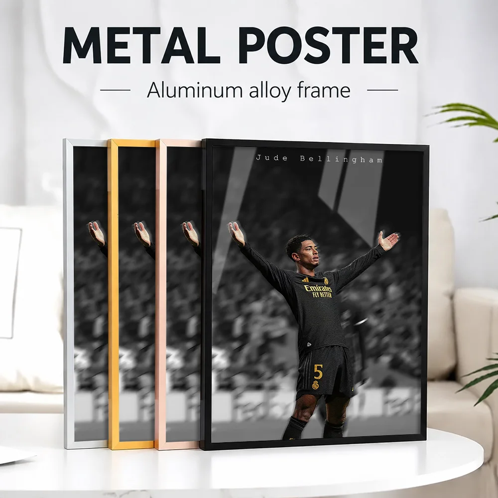 Jude Bellingham Soccer Framed Aluminum Metal Poster Customized Photo Energetic Graphic Style Wall Art For Bedroom Athlete Gift