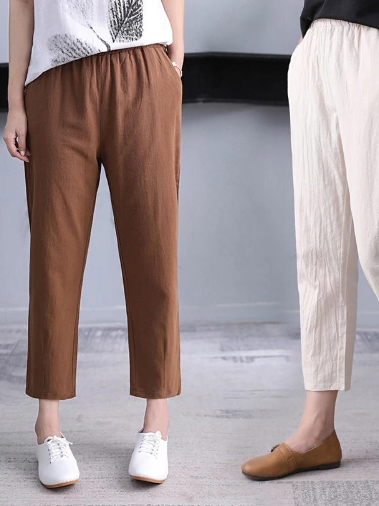 

Cotton Linen Pants Women Spring Summer Large Size Solid Color Harem Pants Elastic Waist Loose Casual Woman's Linen Trousers