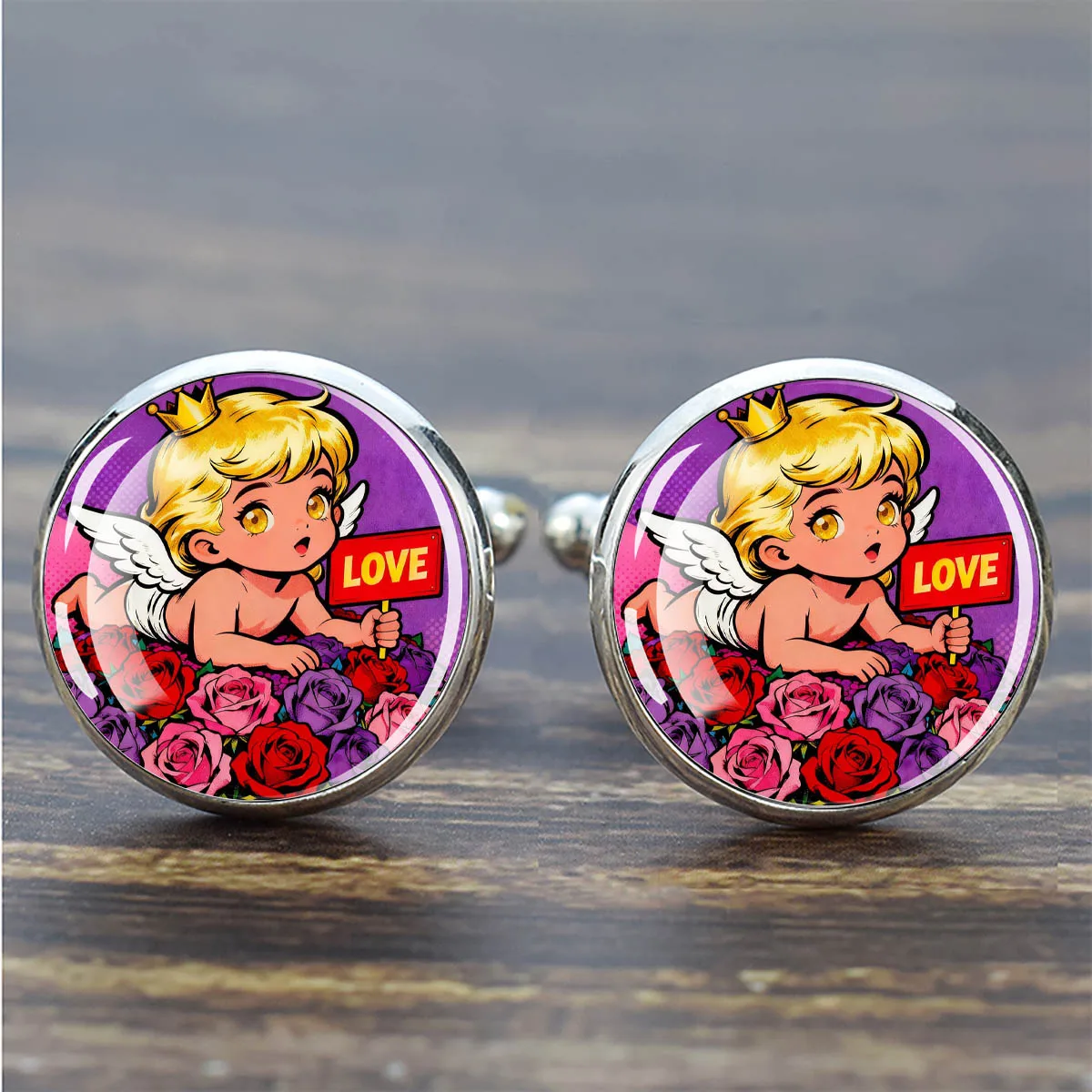 Valentine's Day Men Cufflinks Alloy Glass Round Cartoon Cupid Print Shirt Cuff Buttons Romantic Love Cupid Jewelry Gift For Love