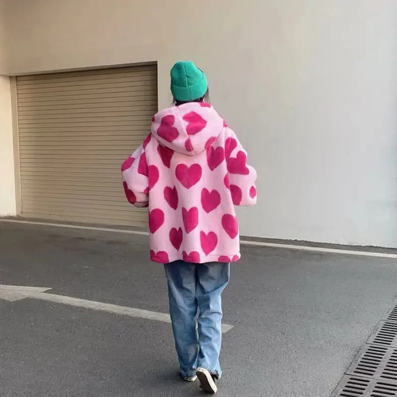 Harajuku Heart-shaped Print Plush Jacket Women Winter 2025 Korean Long Sleeve Hooded Coat Thick Warm Couple Streetwear Outerwear