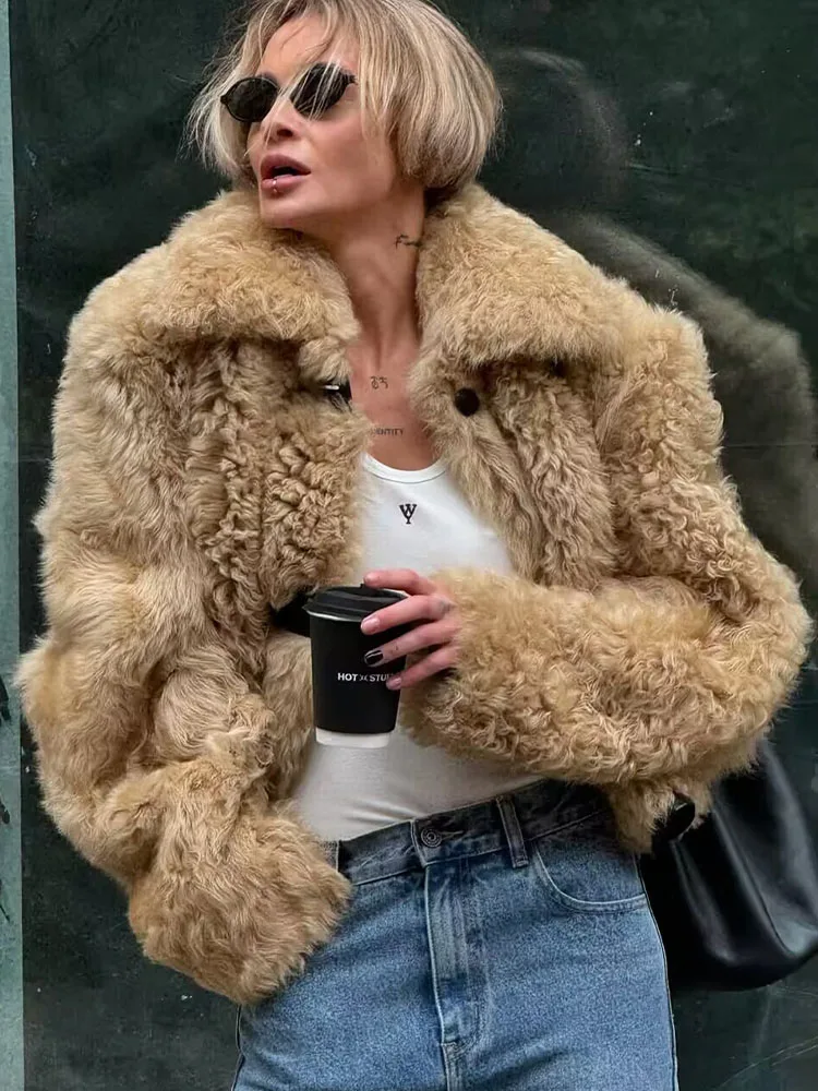 Hh moda feminina inverno lapela pele integrada pele de cordeiro jaqueta curta feminina alta rua casual bolso decorado jaqueta mujer