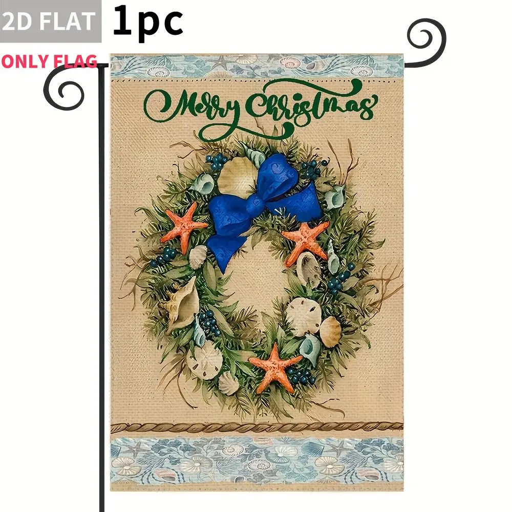 

2D FLAT 1pc Double-Sided garden flag Merry Christmas Wreath With Seashells And Starfish 28x40 Inch Polyester fabric, Perfect for