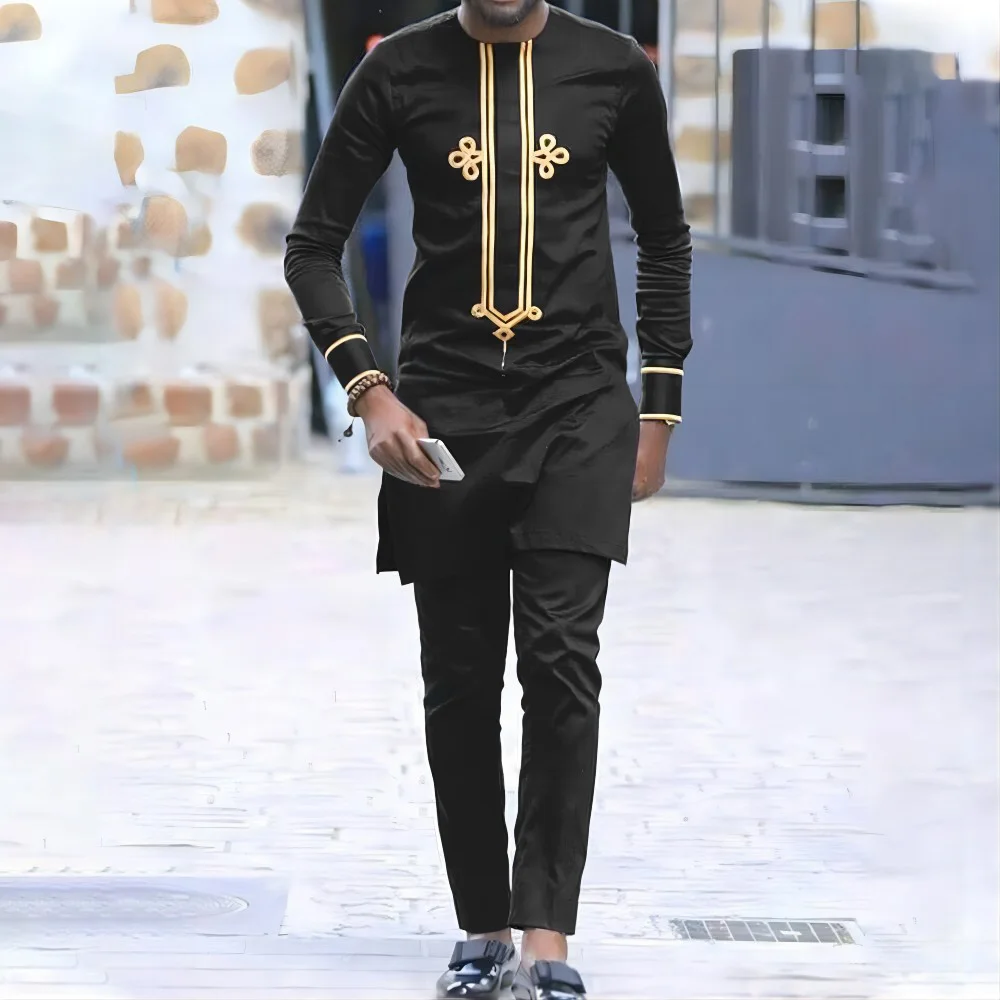 New Men\'s Suit Black Embroidered Shirt Trousers 2-Piece Set Dashiki Elegant And Noble Groom Wedding Ball Slim Clothes For Men