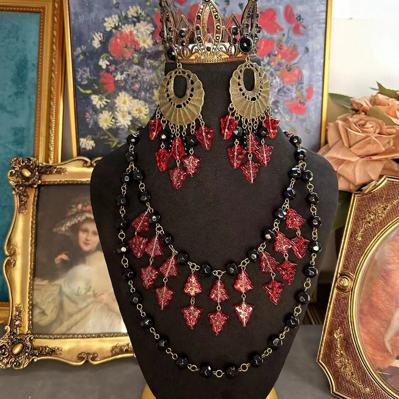 

Vintage Multi Layer Necklace Red Black Tassel Earrings Original Design Women's Fashion Accessories Jewelry Sets High-Quality