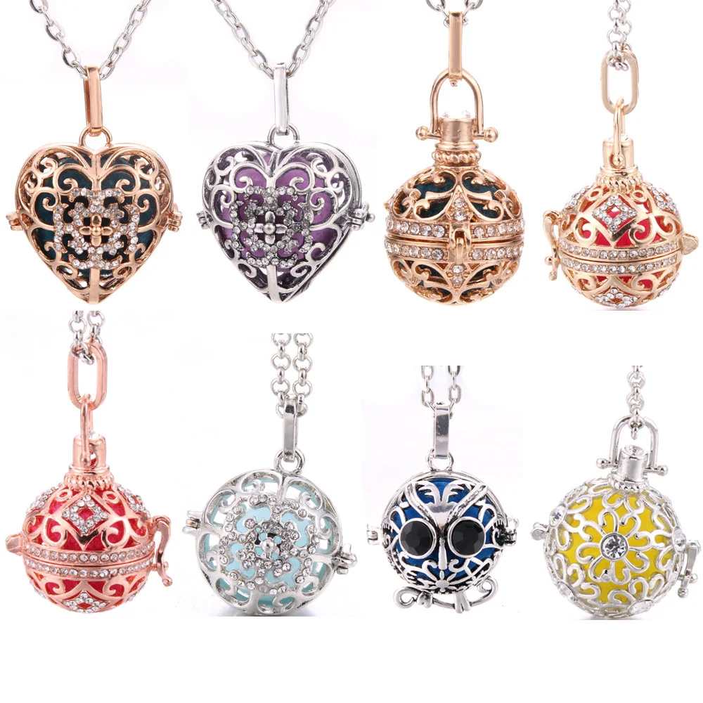 Campana de México con diamantes de imitación, jaula de aromaterapia, collar, difusor de aceites esenciales, medallones, bola musical para mujer, accesorios colgantes para llamador