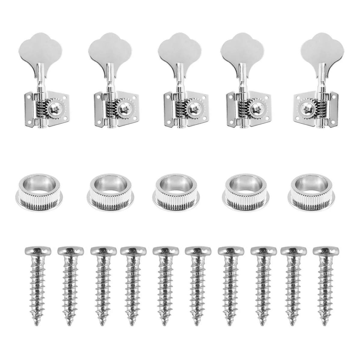

5Pcs Guitar Accessory Vintage Open Bass Guitar Tuning Keys Pegs Machine Heads Tuners Black 1L4R for 5 Strings Bass Silver-AA85