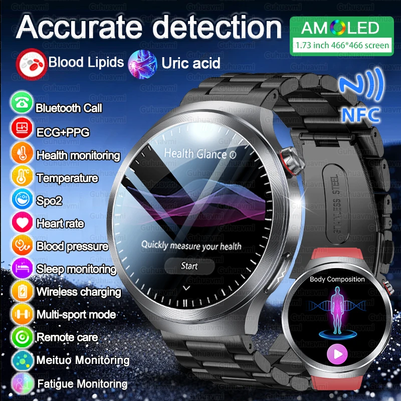 

2025 New High-end Health Smart Watch Men Accurate Blood Lipid Uric Acid Tracker ECG+PPG Bluetooth Call NFC Sport Smart Watch Man