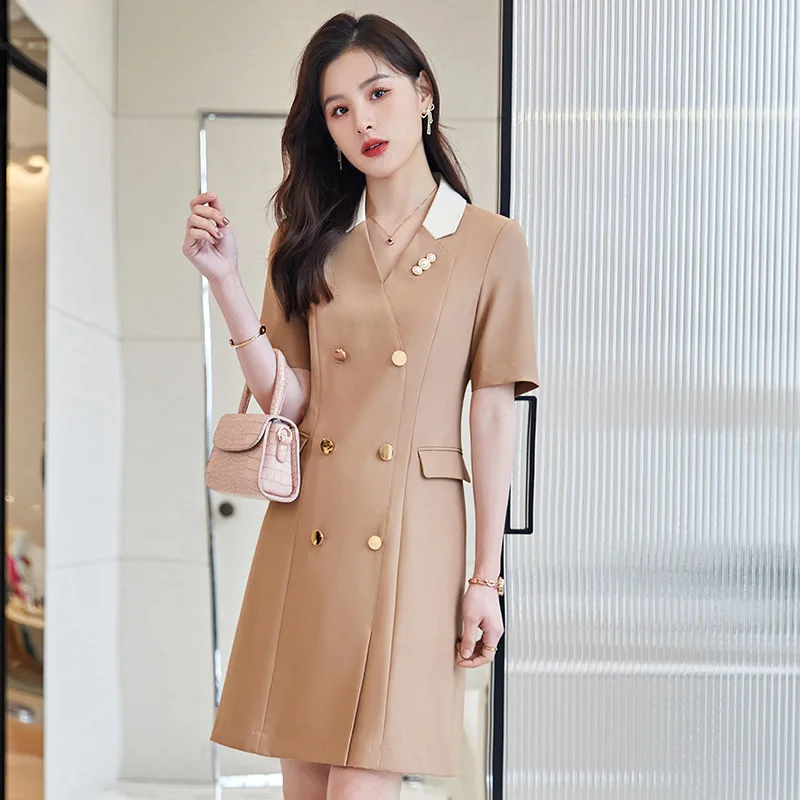 Elegant Apricot Slim Hips Dresses Office Ladies Fashion Summer Short Sleeve Dress for Women Business Work Wear OL Styles