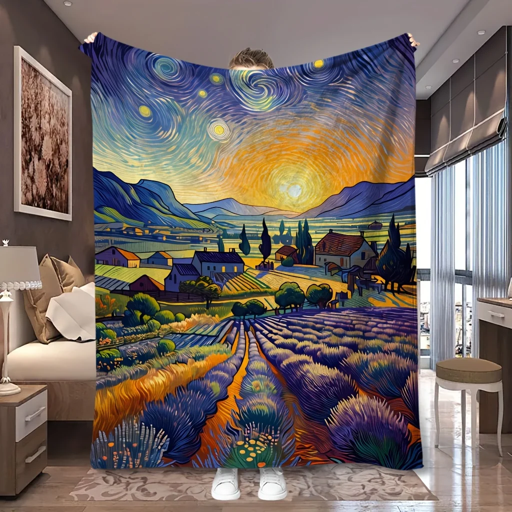 1pc Van Gogh Lavender Rural Starry Print Flannel Blanket, All-season Usable and Comfortable, Suitable for Blankets, Kid Bed Cove