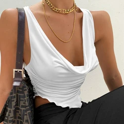 Summer Ruffles Ruched Sexy Tube Tops For Women Outfits Club Party Fashion Cropped Bandeau Tops  Sleeveless White Plunge Crop Top