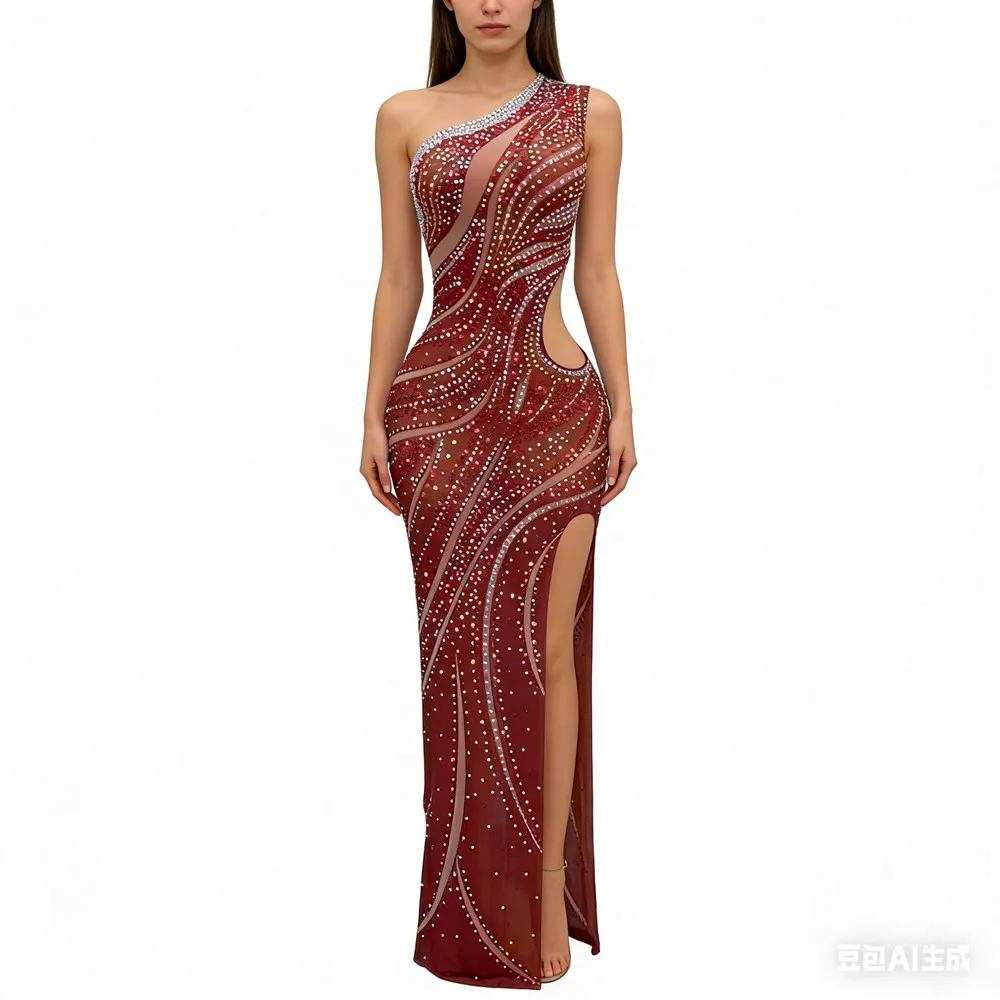 

Женское сексуальное платье без рукавов на одно плечо со стразами, длинное платье для свадьбы, вечеринки, торжества, элегантная модная одежда для выступлений