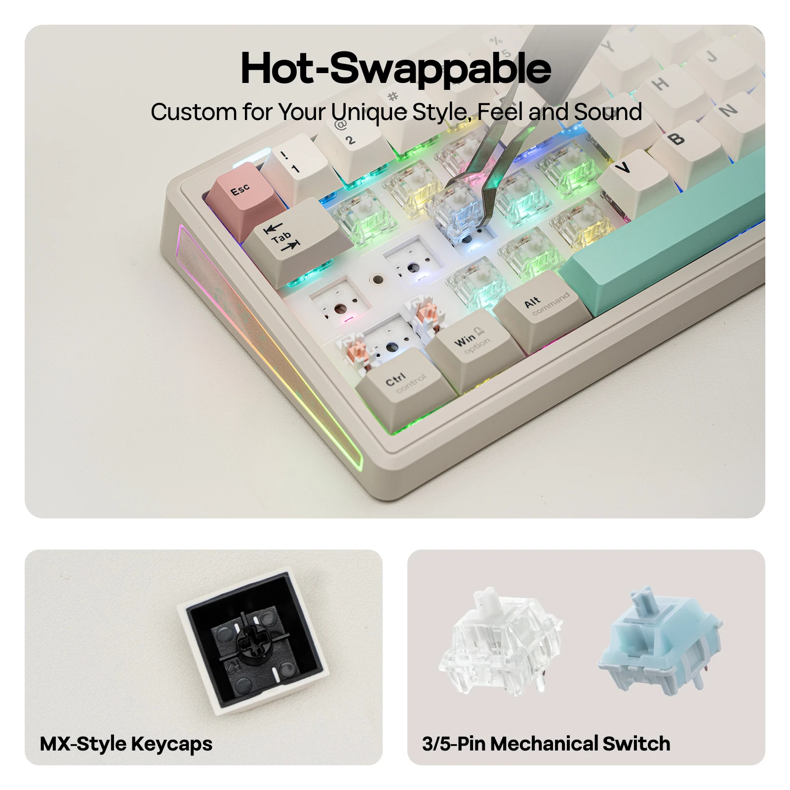 EPOMAKER TH65 65% ANSI US Layout Klawiatura Mechaniczna Gamingowa z Bezprzewodowym Trybem Trójstopniowym, Hot-Swap, Kremowa i Gruba Konstrukcja Gasket, Podświetlenie RGB — zdjęcie produktu 5