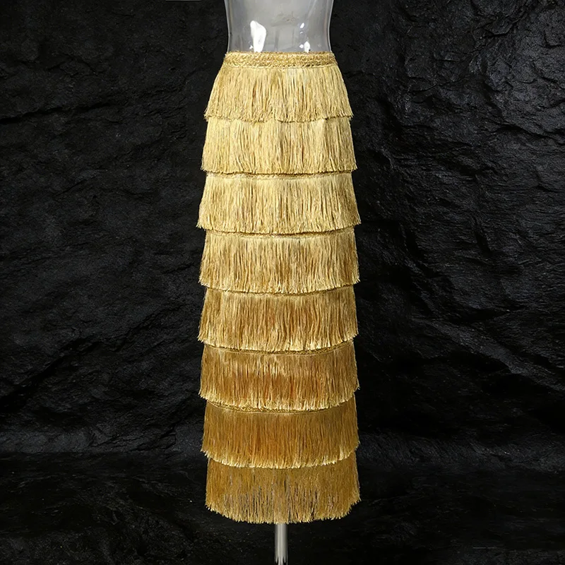 ZAMOR HIGH STREET Women Fringe Layered Splicing High Waist Maxi Skirt 2026 New Fashion Solid Color Design Sense Long Flowy Skirt