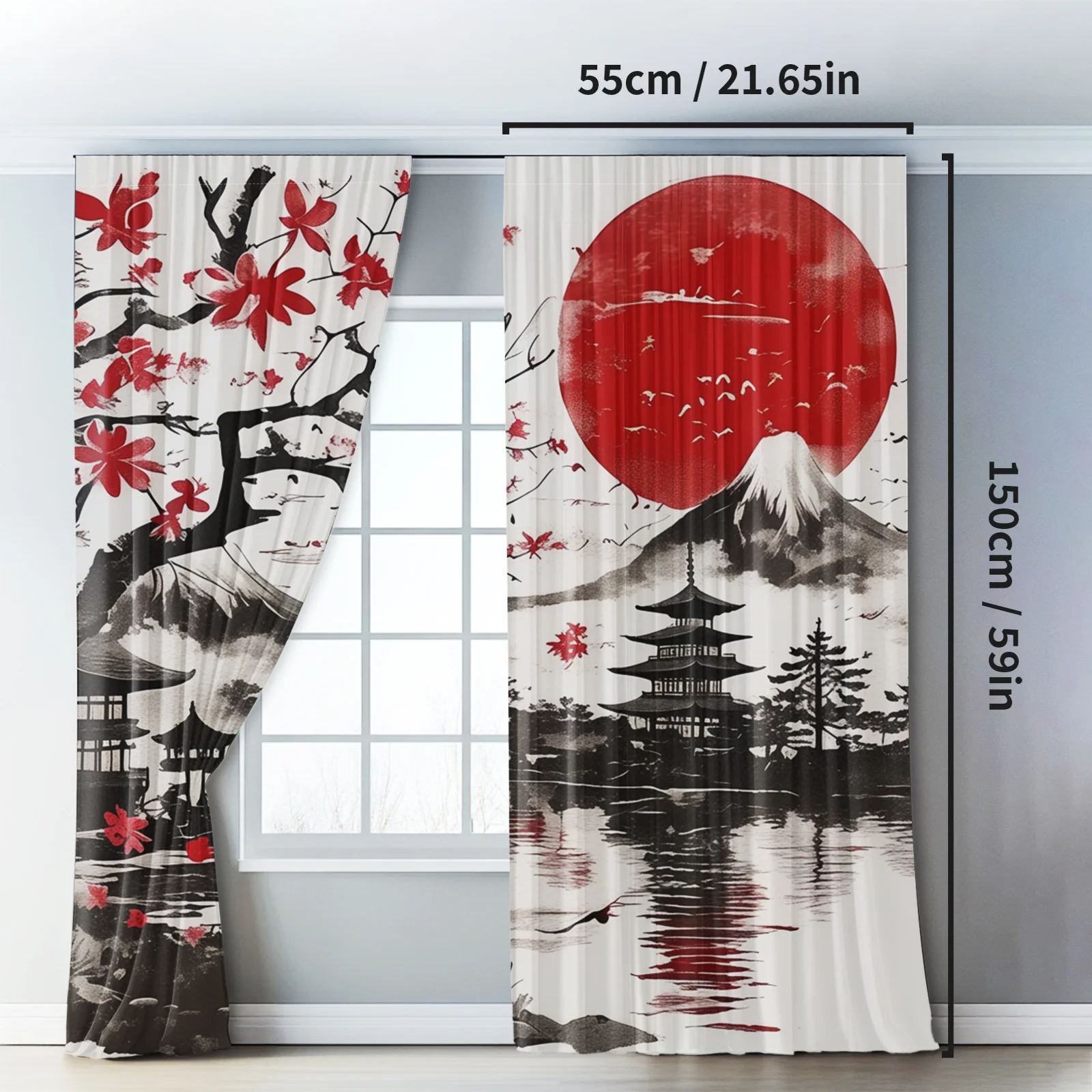 2 Pcs Sakura Dark Curtains Japanese Pagoda Art Print Rod Pocket Curtains for Living Room Bedroom Kitchen