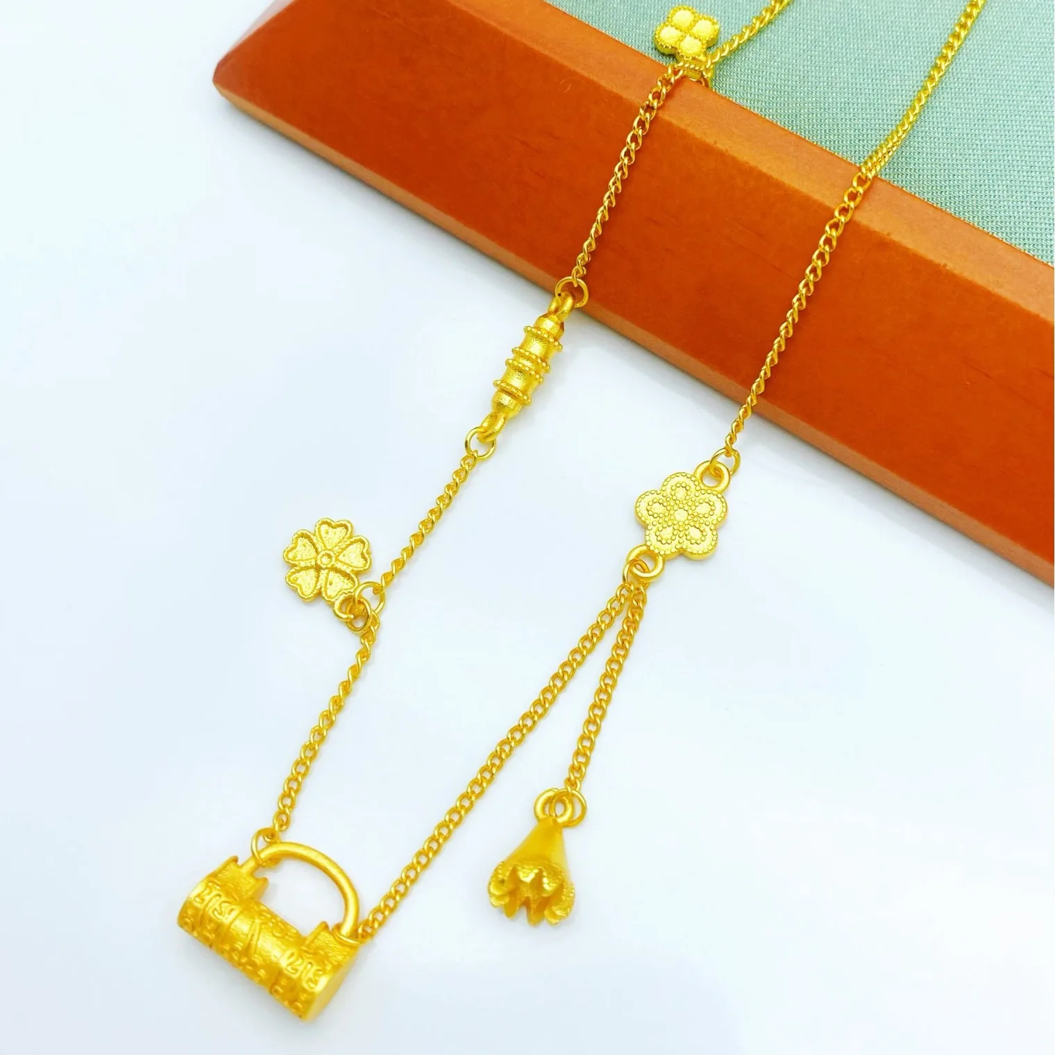 24K Real Gold Flowery Clover Tassel Safe Lock Bag Necklace, 999 Pure Gold Versatile Fruit Abundant Set Chain for Girlfriend Gift