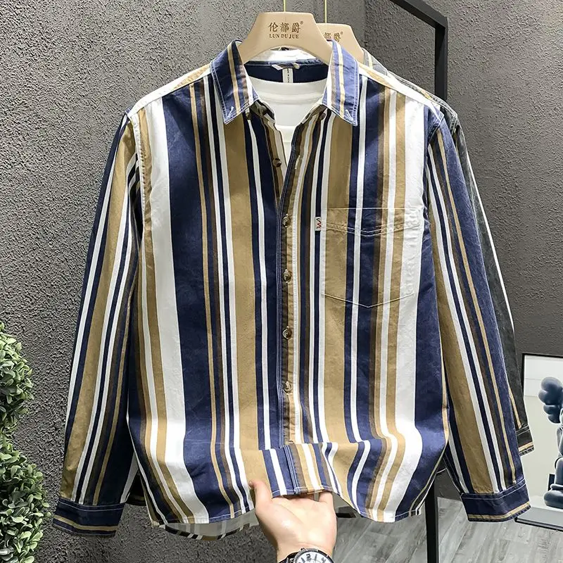 

Модная полосатая рубашка с цветными блоками для мужчин, универсальный повседневный топ с квадратным воротником и пуговицами