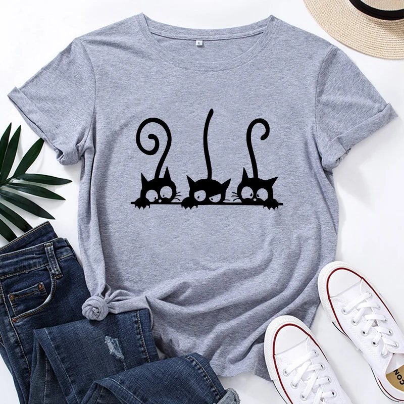 

Women's Casual T-shirts Classic Summer Round Neck Short Sleeved Cute Cat Printed Tops High Quality Pure Cotton Cool Tee Shirts