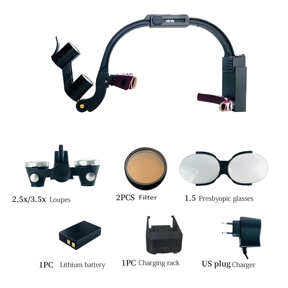 Lupa médica Dental JUMTOP con lupa Binocular de aumento quirúrgico 2,5X 3,5X faro quirúrgico ajustable de 5W