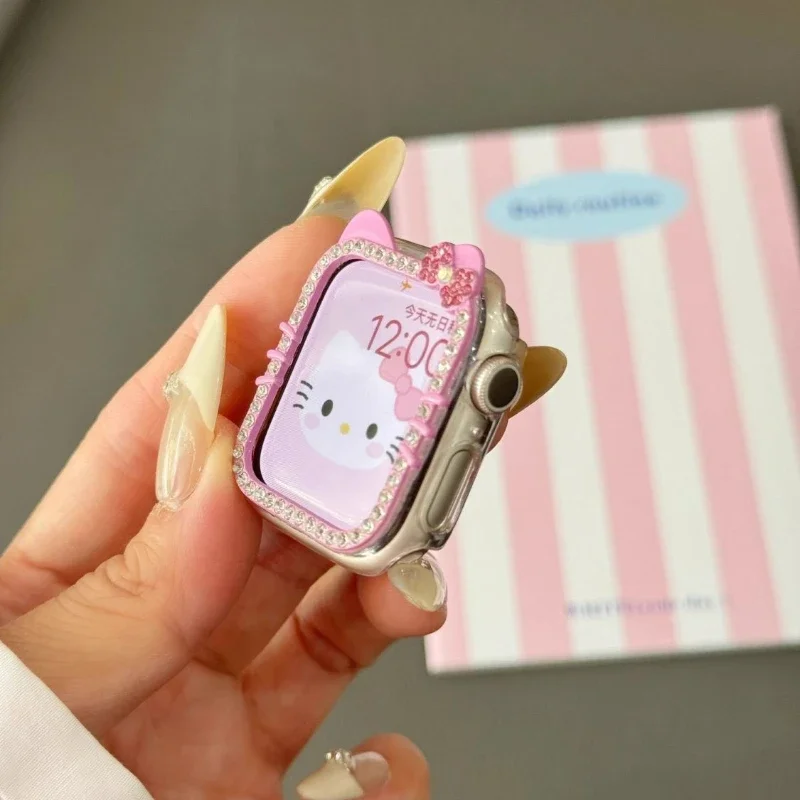 Bling Hello Kitty Protective Case for iWatch series 9 8 7 Rhinestone Women Fashion Cute Cartoon Frame Cover iWatch 41mm 44 45mm