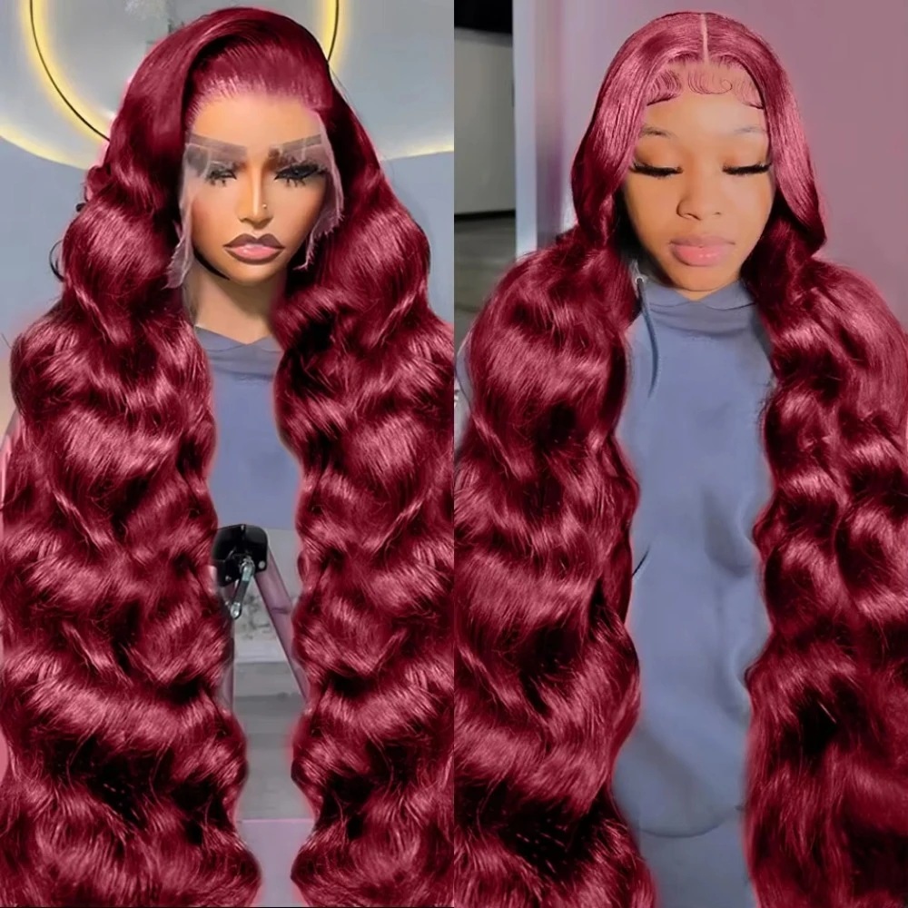 

99j Burgundy 13x6 HD Lace Front Human Hair 200% Density Body Wave 30 36 Inch Red Colored Lace Frontal Wigs Brazilian For Women