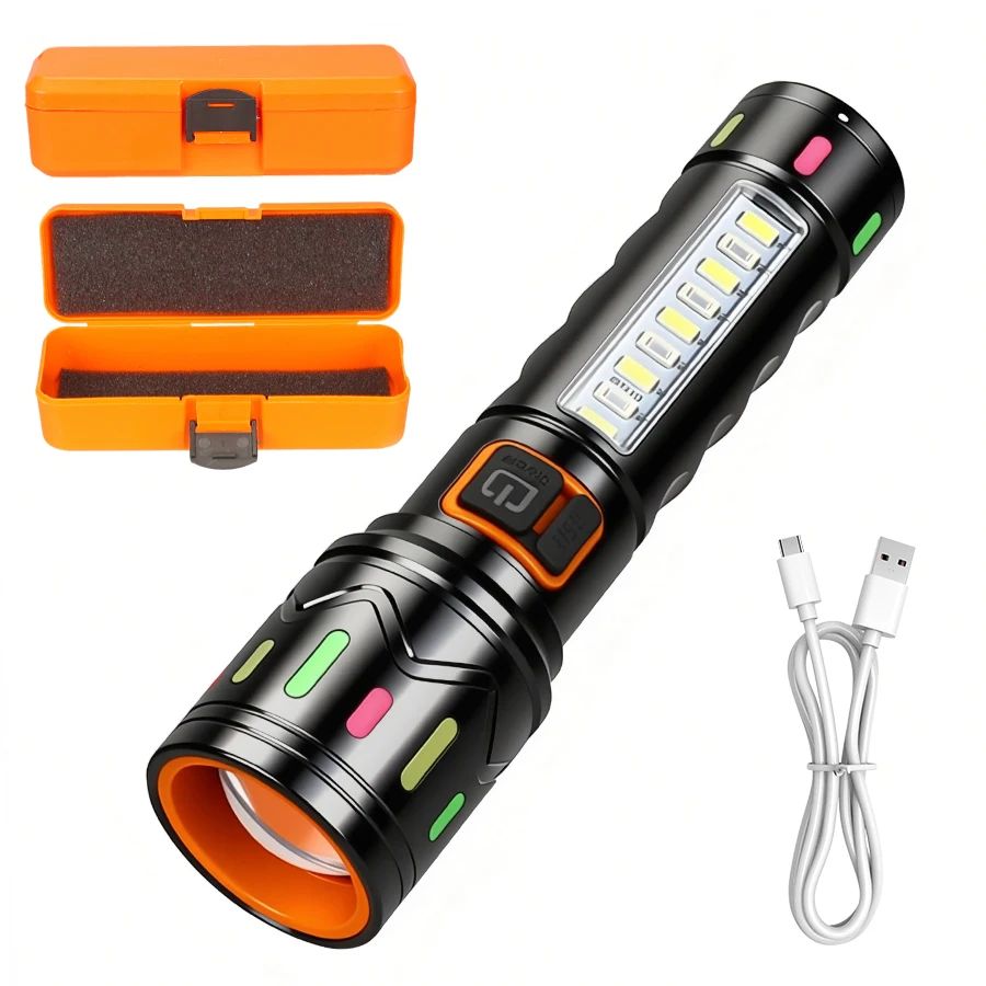Rechargeable LED Flashlight 1000LM Bright Zoomable Torch Waterproof 5 Modes Light with Fluorescence for Camping Hiking Emergency