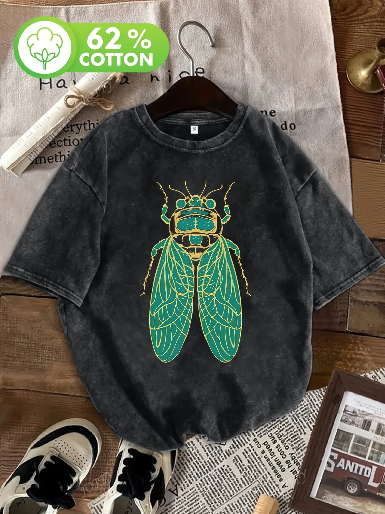 

Cicada pattern front print, vintage washed cotton men's T-shirt, short sleeved top streetwear