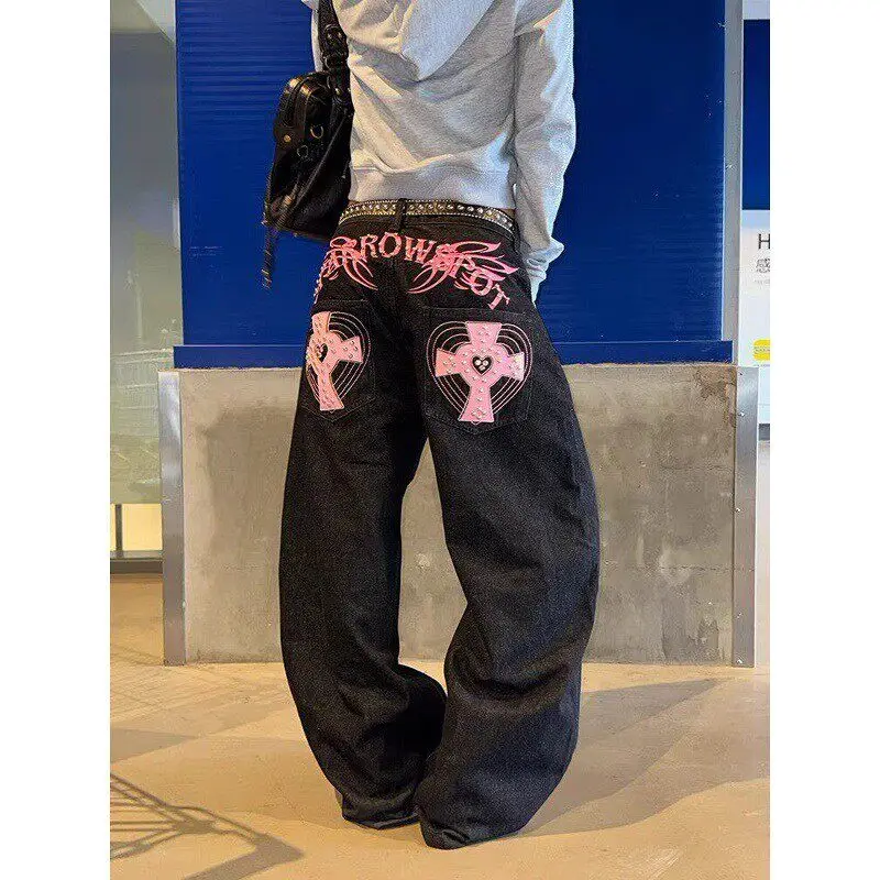 

Retro American Washed Letter Cross Love Nail Embroidery Jeans Men's High Street Casual Straight Leg Long Pants