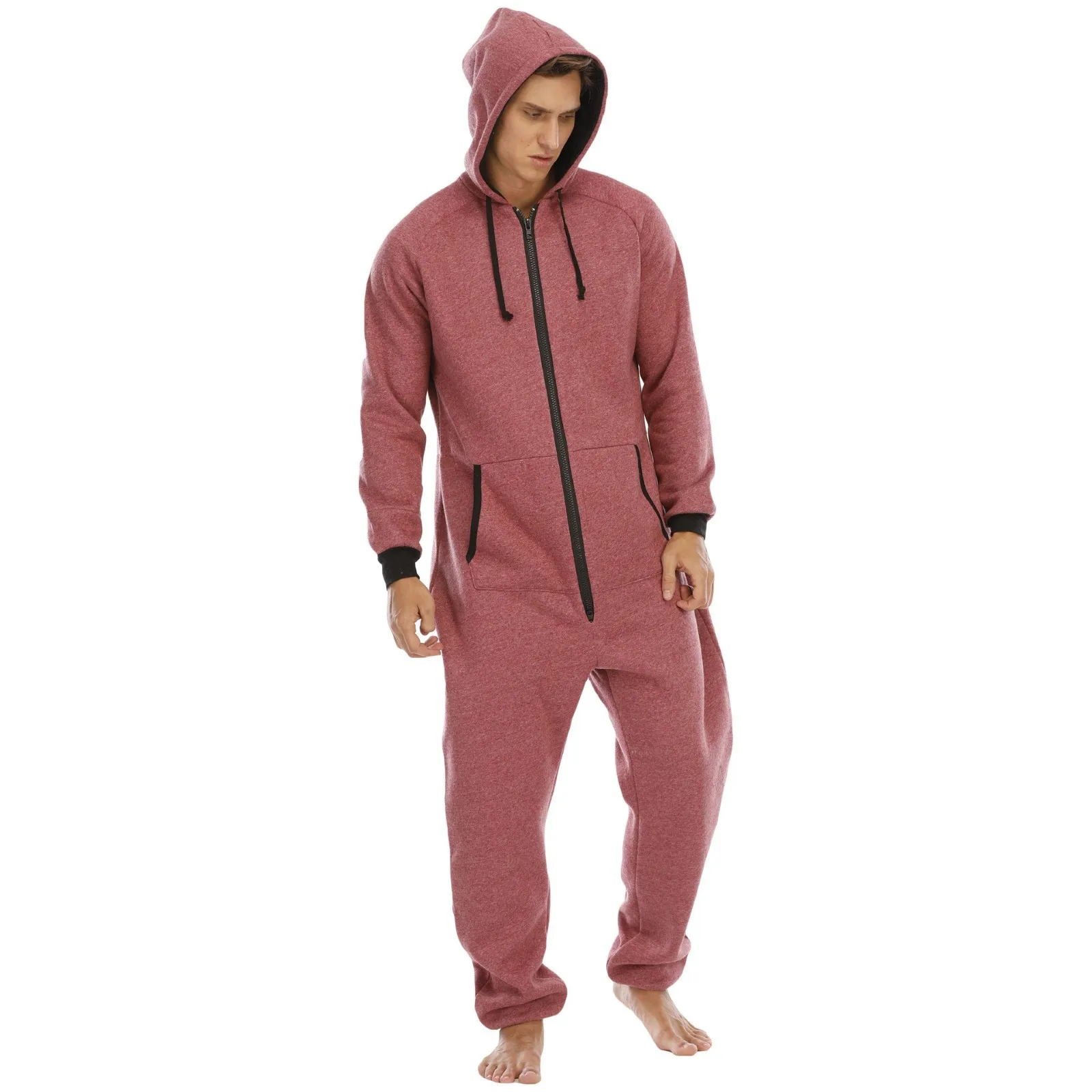 Men\'s Long Sleeve Pajamas Zipper V Neck Solid Color Hoodie Sleepwear Men Fall And Winter Casual Pants 1 PC Jumpsuit