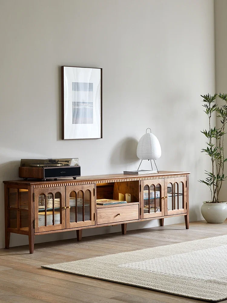 

Solid Wood Vintage TV Cabinet Living Room Low Cabinet Glass Display Locker with Light