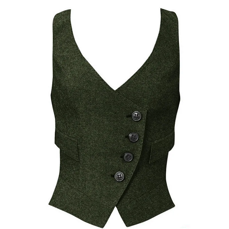 Women\'s Vest V Neck 4 Button Single Breasted Herringbone Wool Vintage Elegant Slim Fit Jacket Women Sleeveless Vest Casual Tops