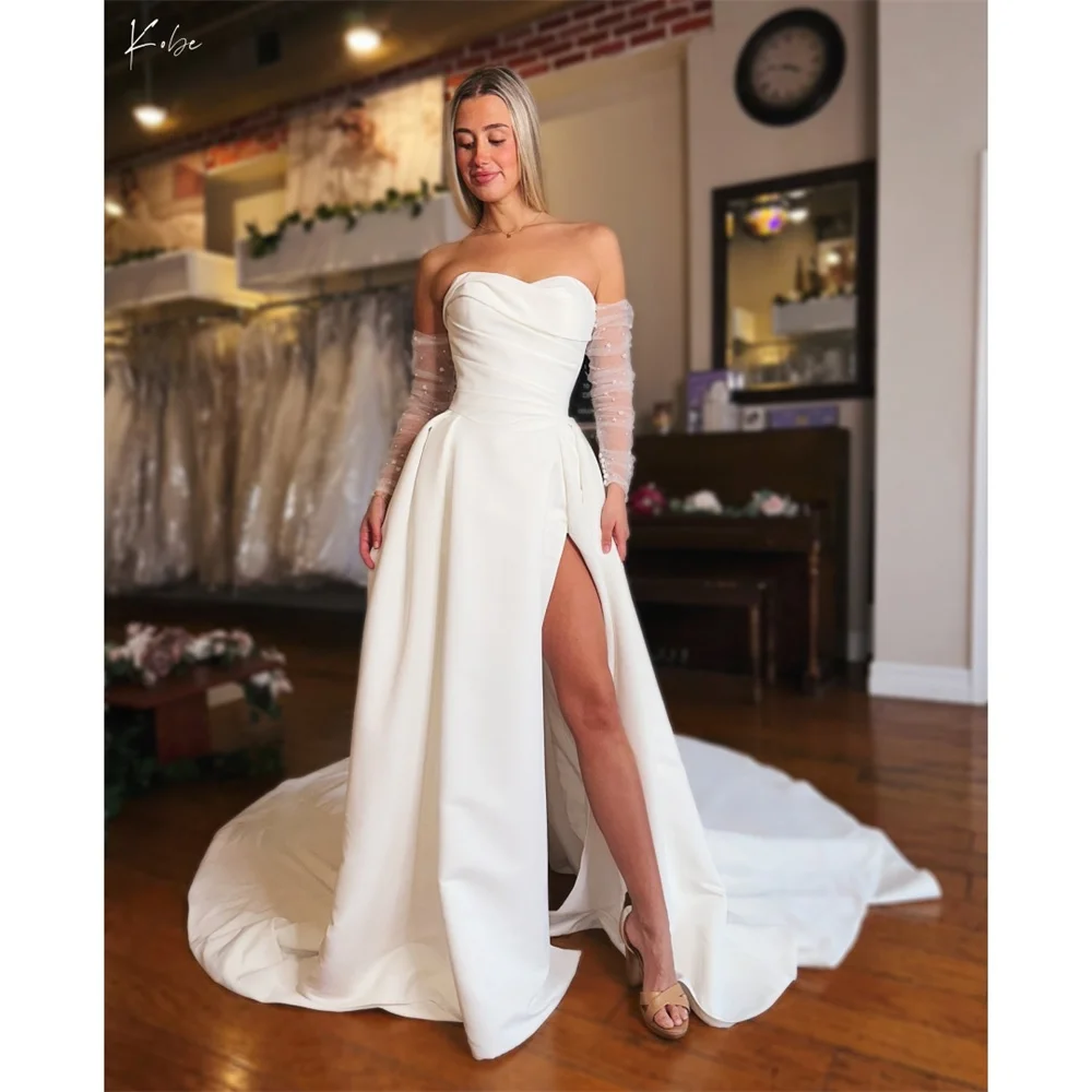 

Kobe White Long Trailing Side High Slit Lace Sleeves Wedding Dress Strapless vestidos de noche Sleeveless Party Dress Customized