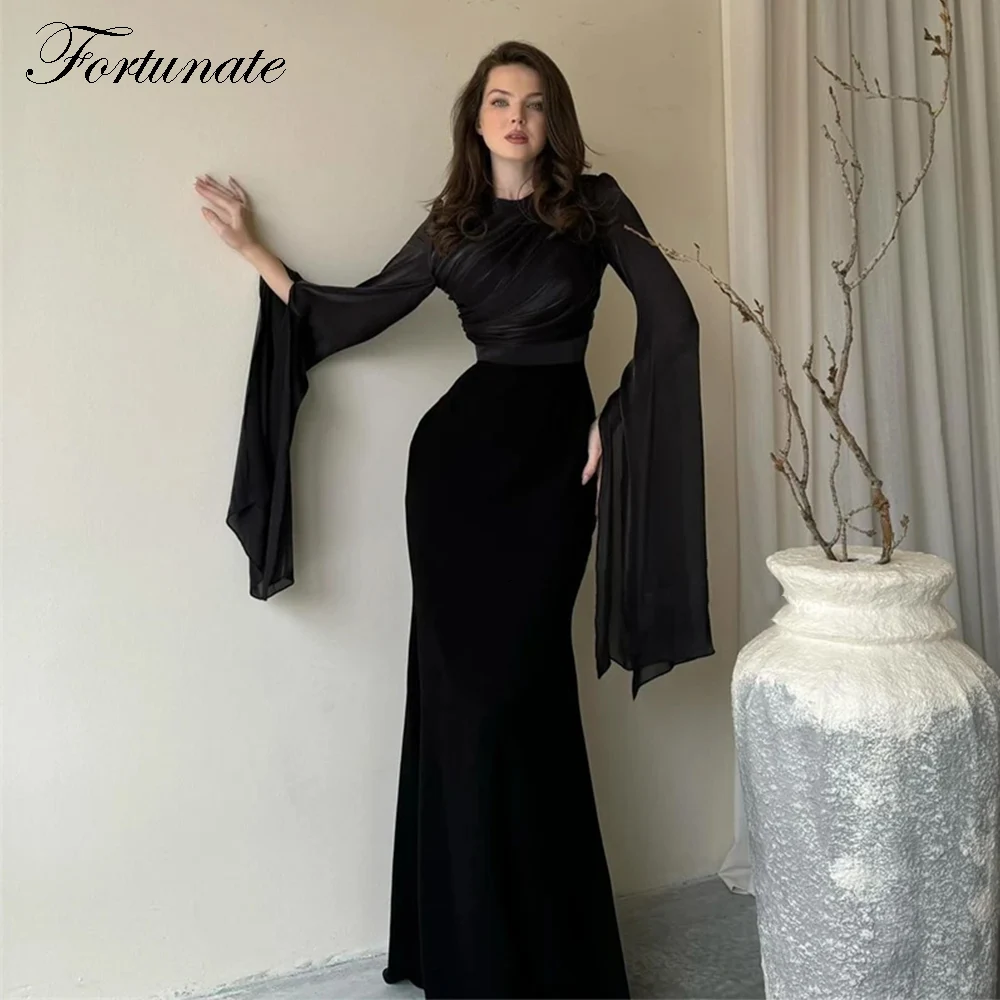 

Customized Elegant Long Black Evening Dresses for Women O-Neck Floor-Length Mermaid Sweep Train Special Events Party Gala Dress