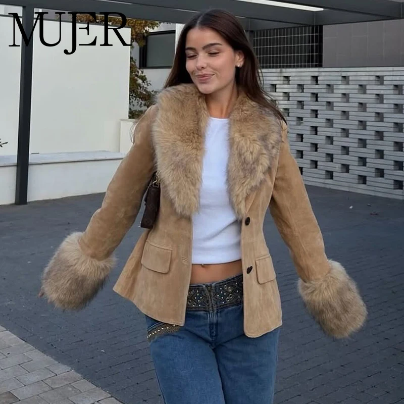 MUJER Faux Fur Suede Blazers for Women Faux Leather Women's Tailoring Blazers Winter Luxury Woman Blazer Fitted Coats and Jacket