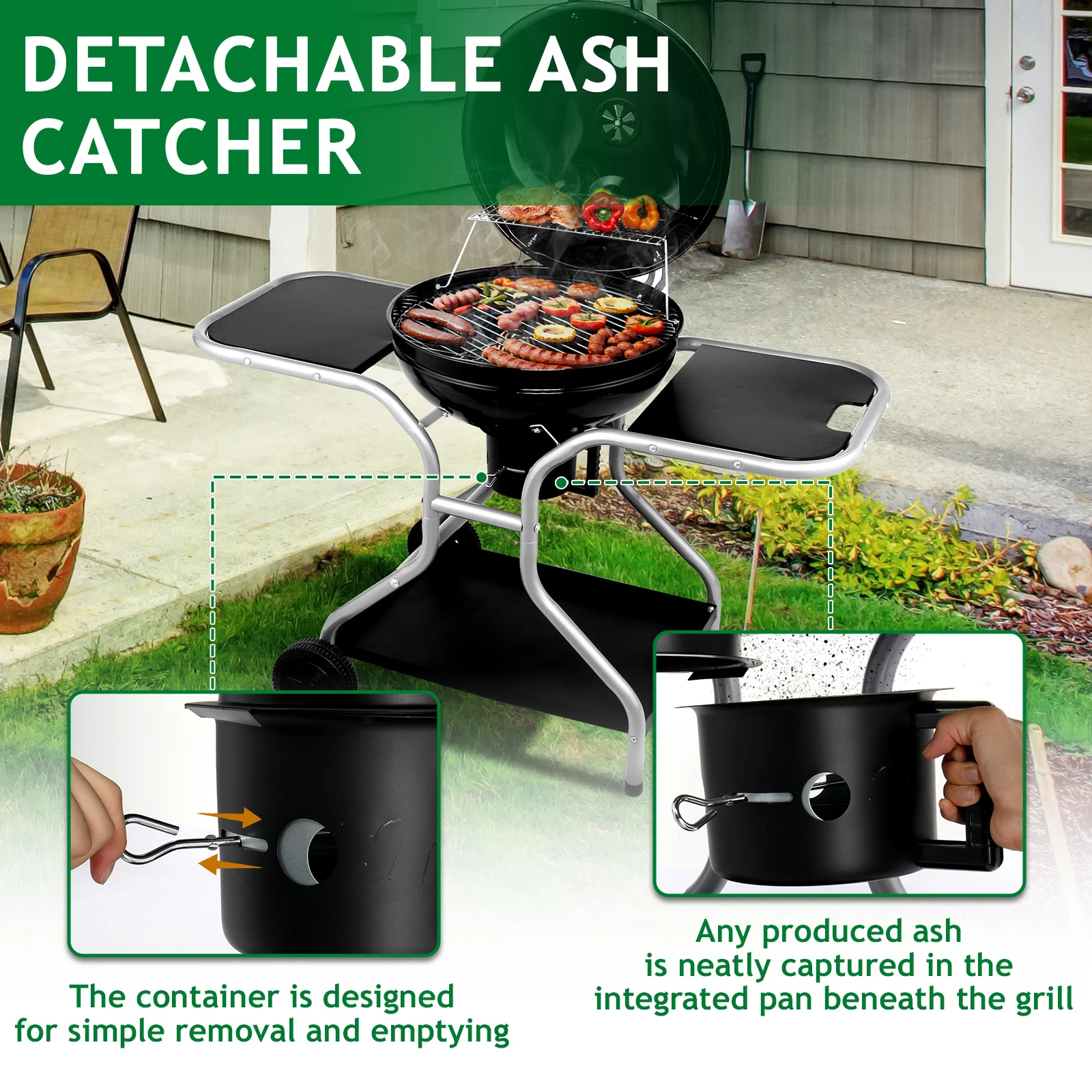 Kettle Charcoal Grill with 2 Side Tables, Storage Shelf, Upgraded Ash Catcher,Outdoor Cooking Barbecue Grill with Wheels