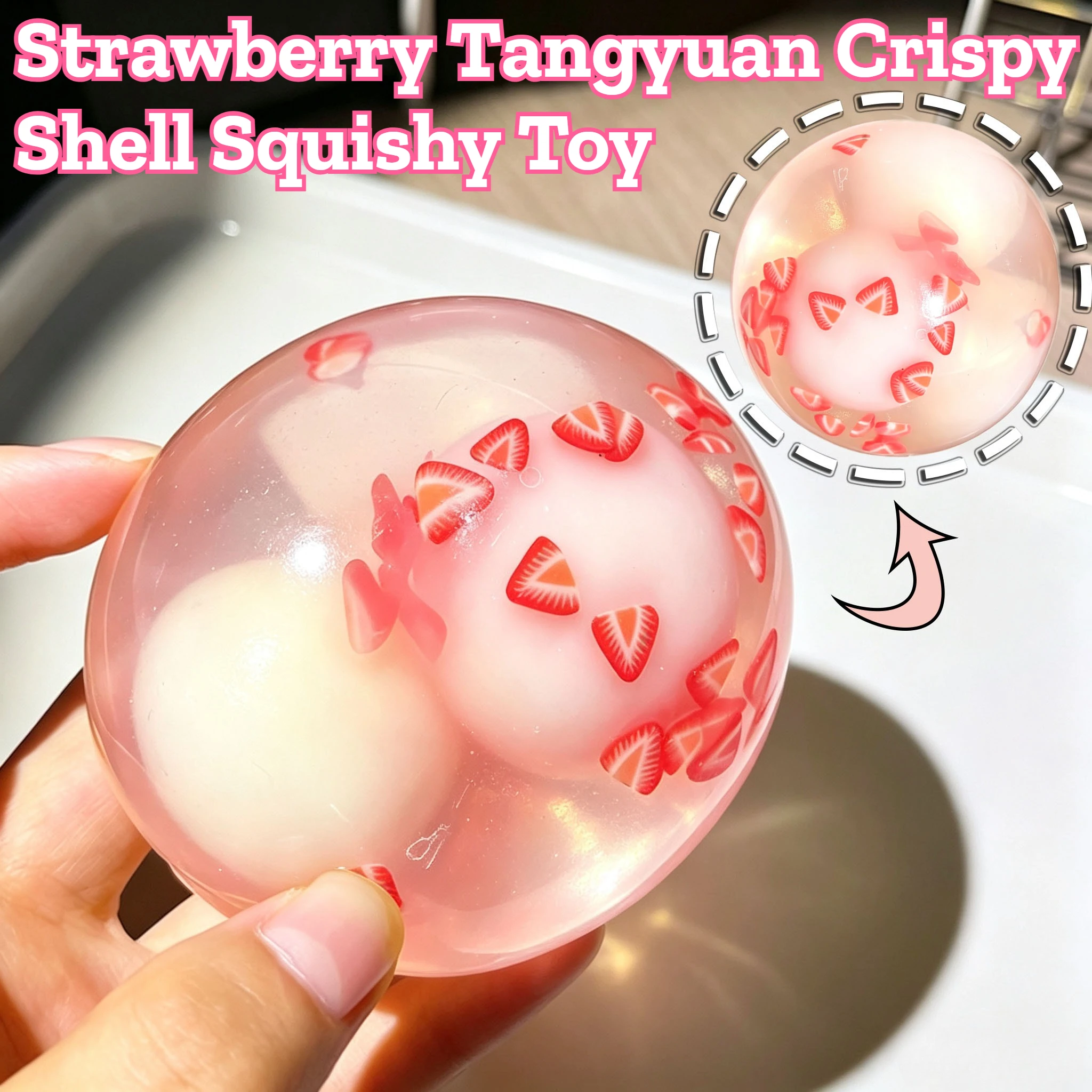 Strawberry Tangyuan Crispy Shell Squishy Slow Rebound Transparent Pink Hand Squeezer for Stress Relief Mood Calming Adult Gift