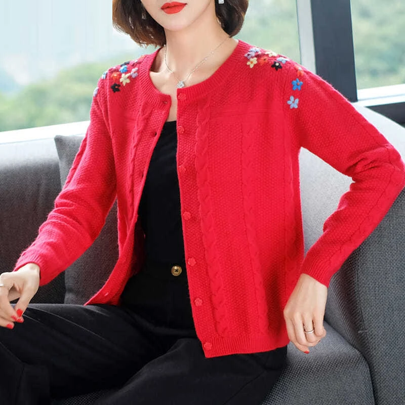 Women Korean Fashion Retro Twist Embroidery Single Breasted Knitted Cardigan Autumn Winter Casual Long Sleeve Loose Sweater Coat