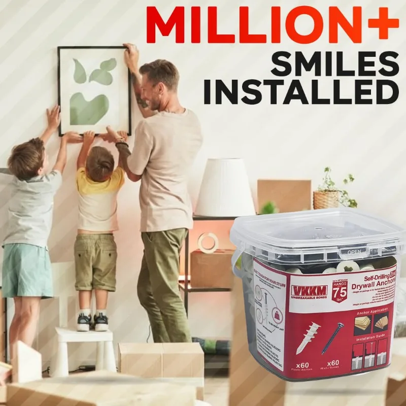 VKKM مرساة الحوائط الجافة ذاتية الحفر، 60 مرساة بلاستيكية و60 # 8 براغي زنك، سعة 75 رطلاً - للصور والأرفف وديكور المنزل #6