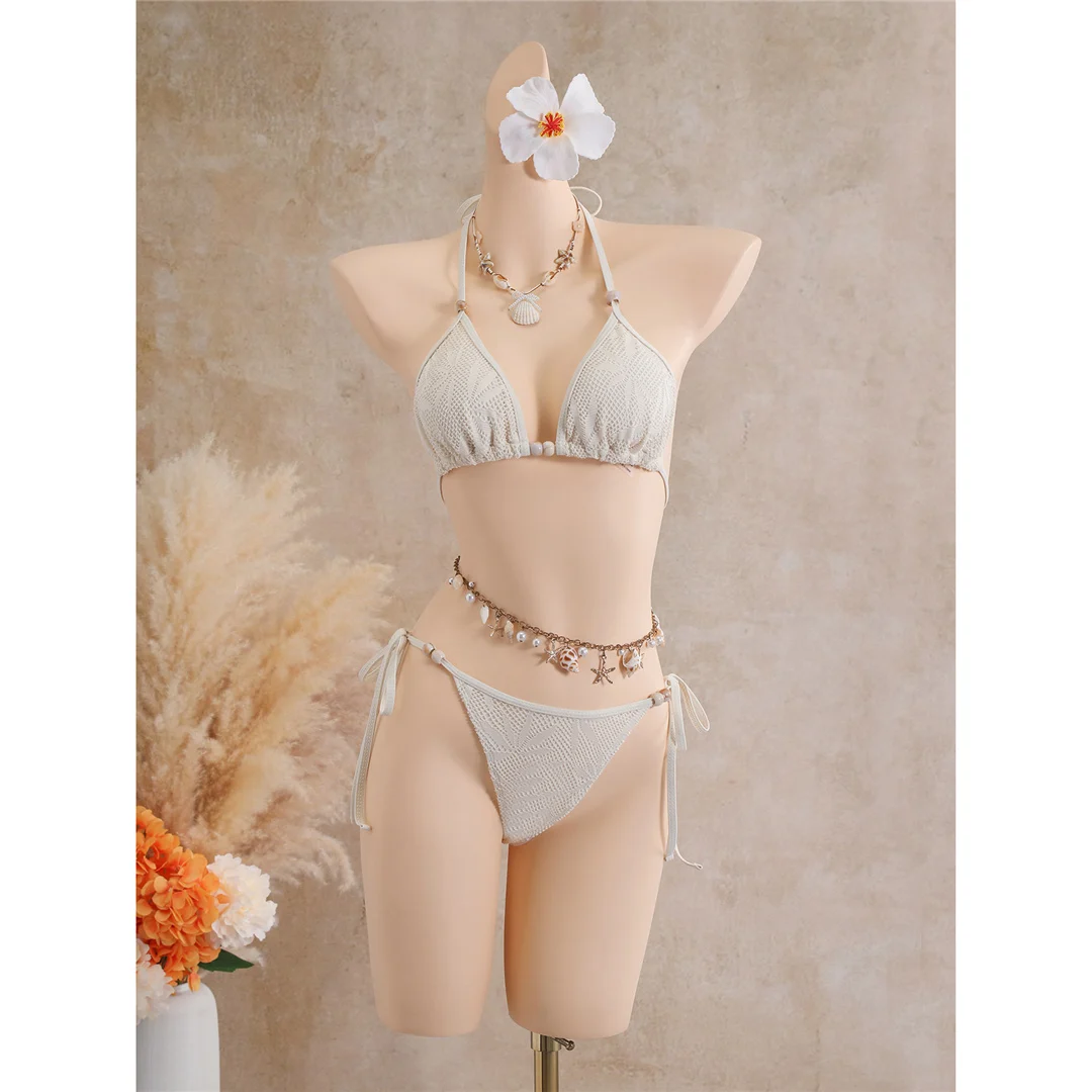 Mit Rockblättern bedruckter Neckholder-Bikini, Damen-Badeanzug, dreiteiliges Bikini-Set, Badebekleidung, Badeanzug, Schwimmbekleidung V8419 – Detail 7