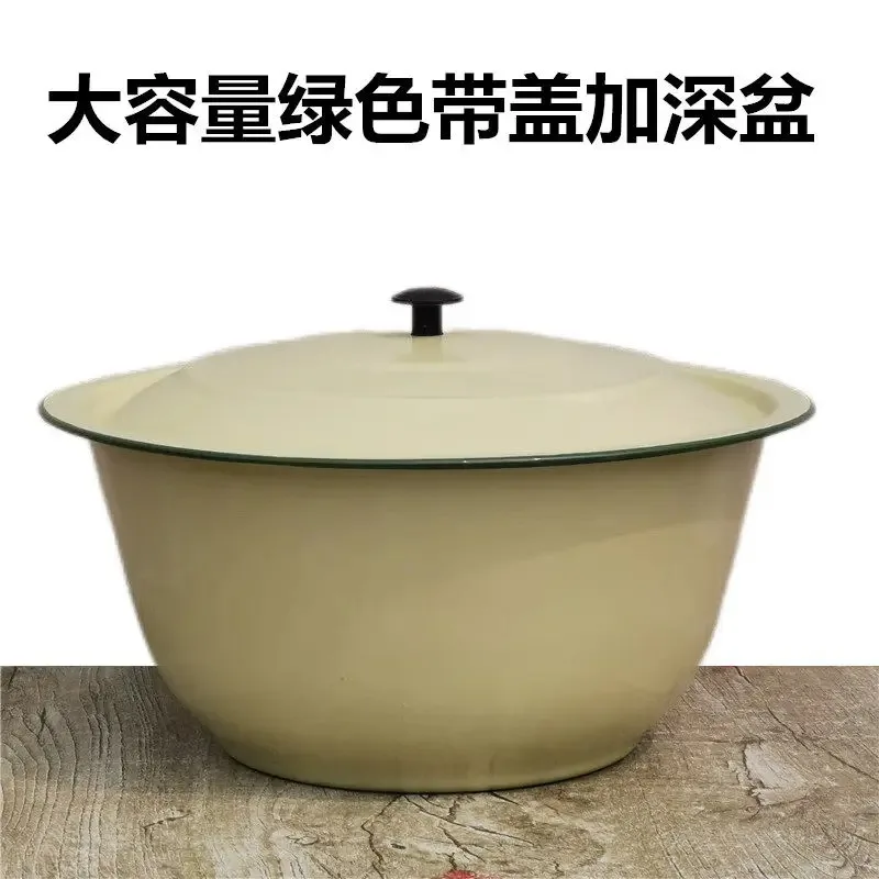 Vintage Enamel Mixing Bowl With Lid Large Capacity Deep Enamel Basin Dough Mixing Food Storage Bowl 30cm/33cm
