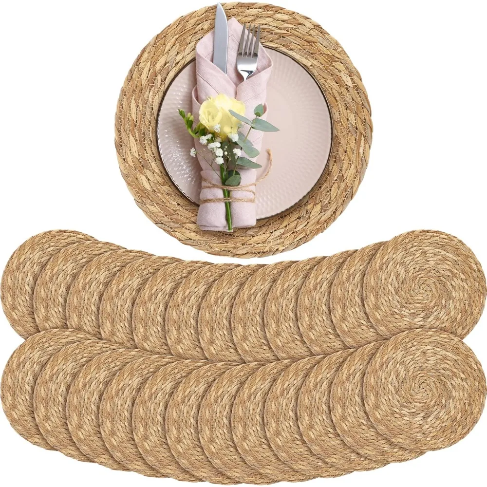 

24 Pack 13.8-Inch Natural Woven Boho Rattan Placemats, Round Farmhouse Rustic Braided Wicker Mat Set